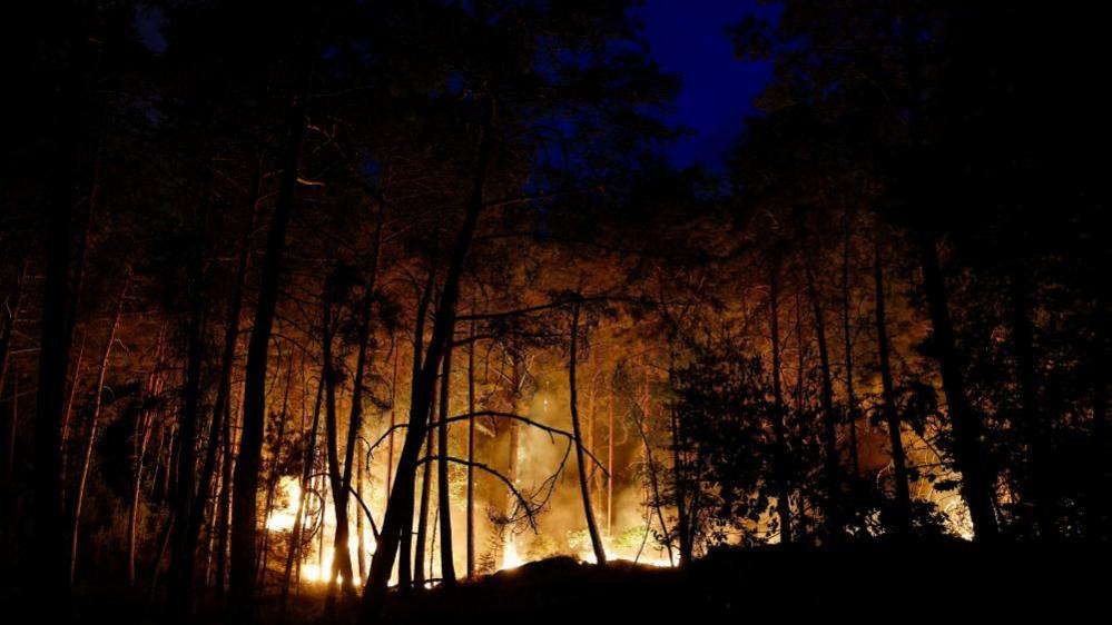 A wildfire burns in Noisy-sur‑Ecole near Fontainebleau, southern Paris