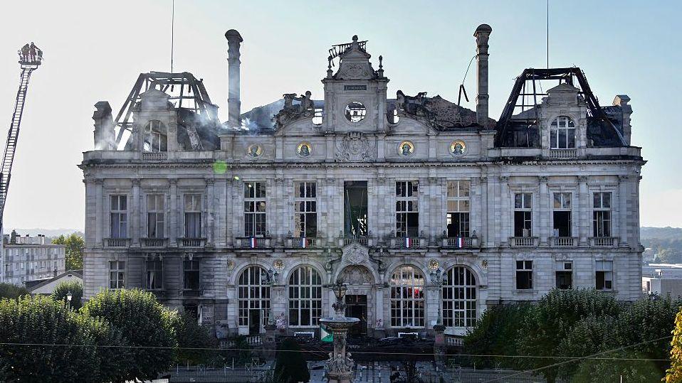 Burned Limoges city hall facade
