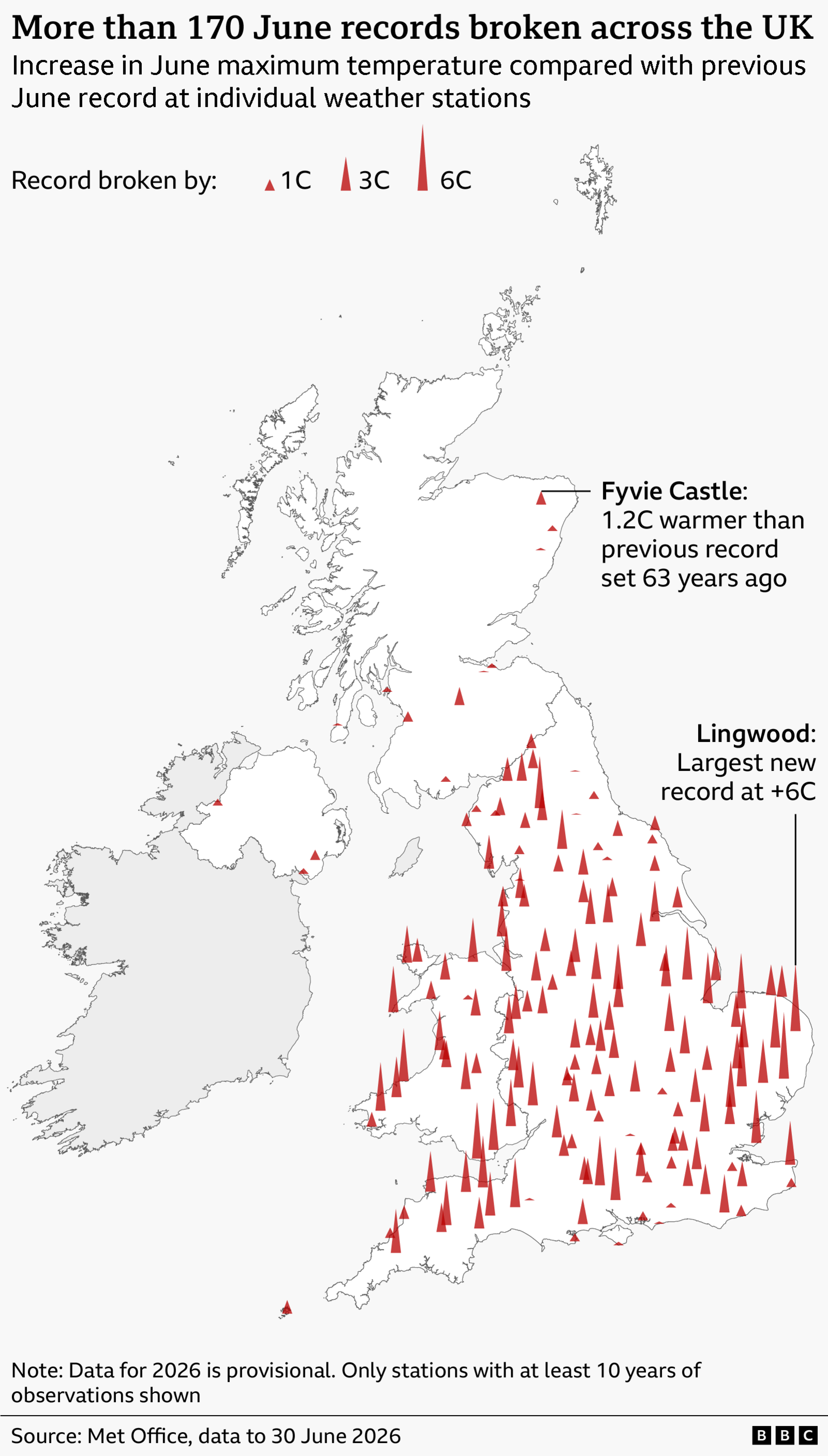 UK weather stations set new June temperature records – a map showing 170 stations with blocks of colour and marker size correlating to record breaking margin